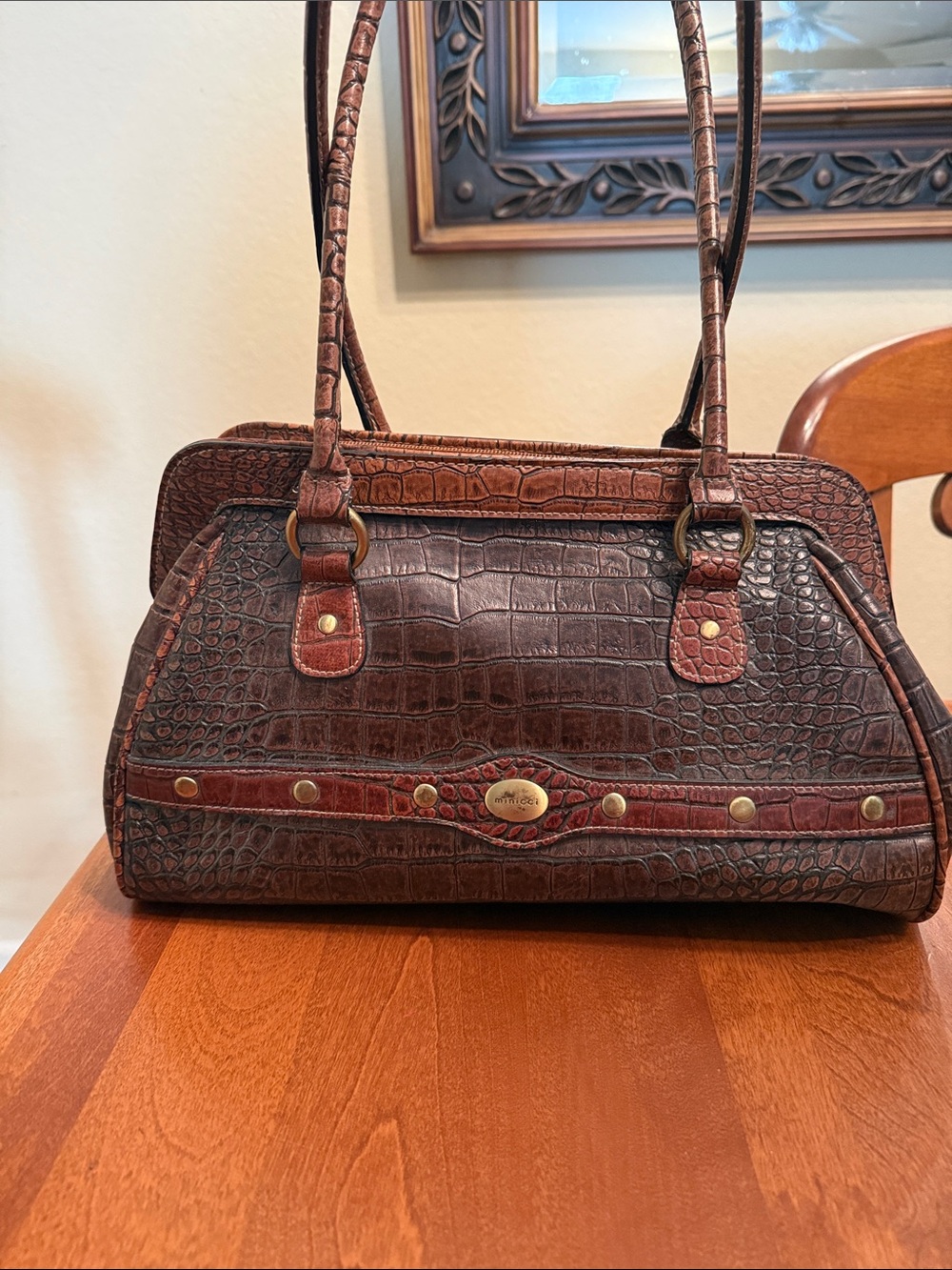 Minicci Croc-Embossed Dark Brown Leather Shoulder Bag with Red-Brown Trim